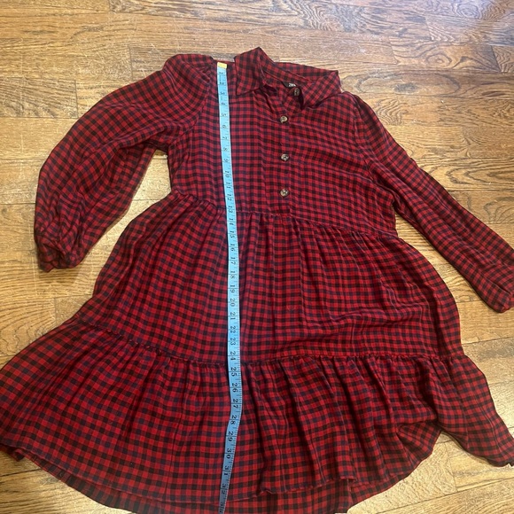 Zara Buffalo plaid red/black checkered baby doll tiered long sleeve mini dress L - Picture 6 of 6